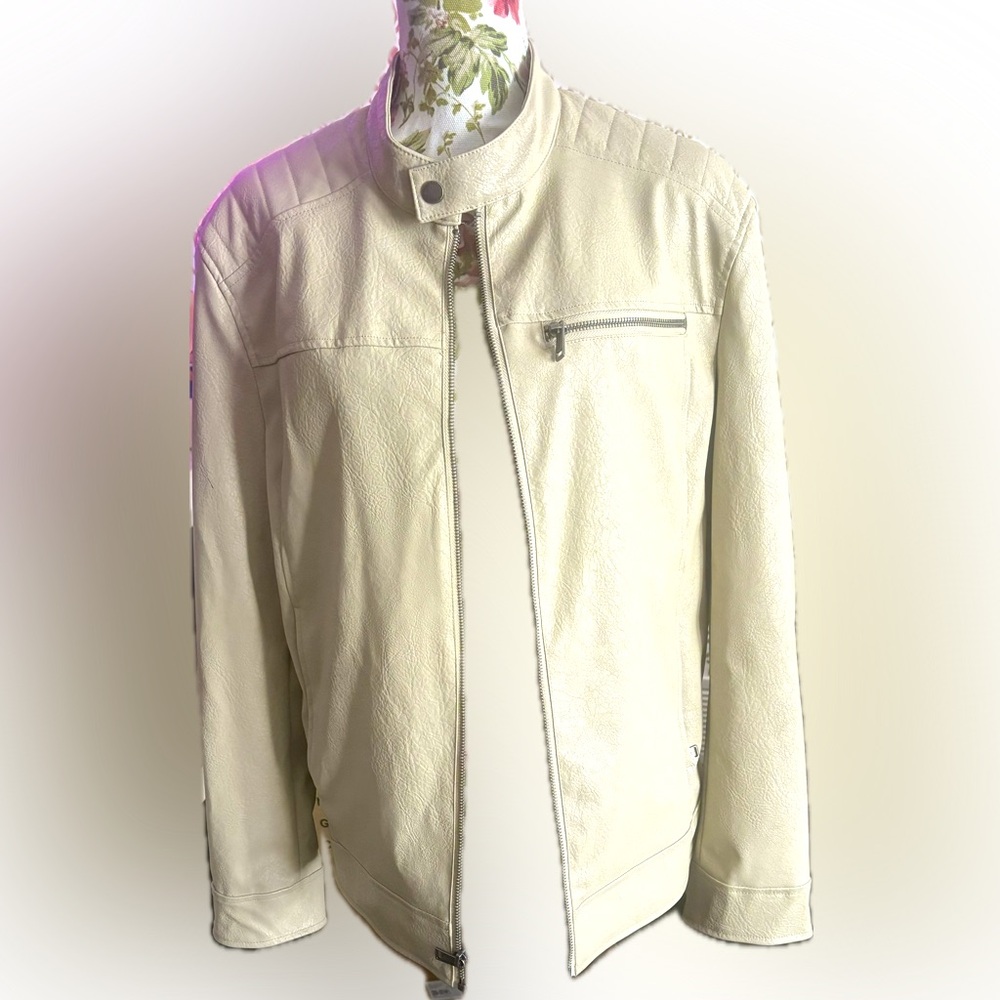 Guess Men's Moto Cream Leather Jacket, Size M